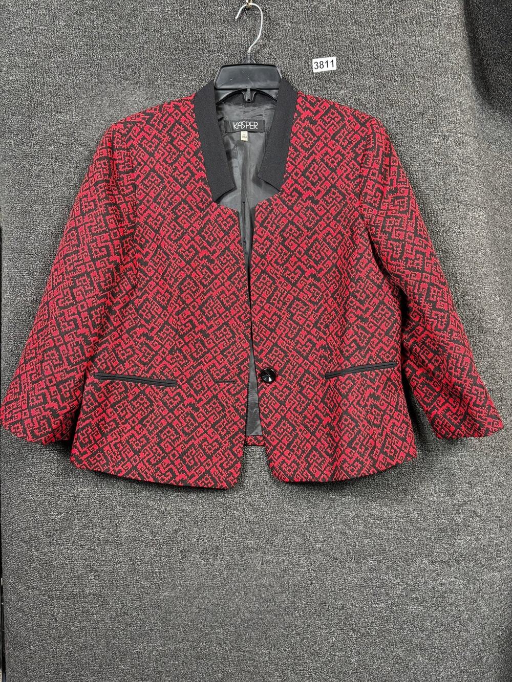 Kasper Blazer Womens 14 Red Black Geometric Pattern Single Button Jacket Career - Picture 1 of 7